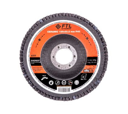 Круг лепестковый с керам.абразивом для шлифования по нерж.стали FTL Everest 27 125 х 22,2 мм P40 Круг лепестковый с керам.абразивом для шлифования по нерж.стали FTL Everest 27 125 х 22,2 мм P40