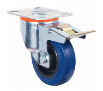 Колесо эластичная синяя резина диск полиамидное поворотное с тормозом 80мм EM01-ZMRm-80-F
