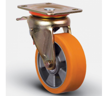Колесо полиуретановое диск алюминий поворотное с тормозом 100мм ED01-ABP-100-F