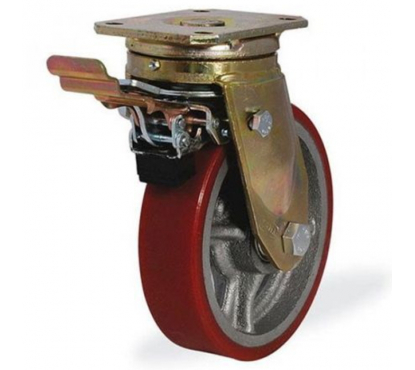Колесо большегрузное поворотное KAMA 250 мм чугунное/полиуретан с тормозом