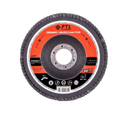 Круг лепестковый с керам.абразивом для шлифования по нерж.стали FTL Everest 27 125 х 22,2 мм P120 Круг лепестковый с керам.абразивом для шлифования по нерж.стали FTL Everest 27 125 х 22,2 мм P120
