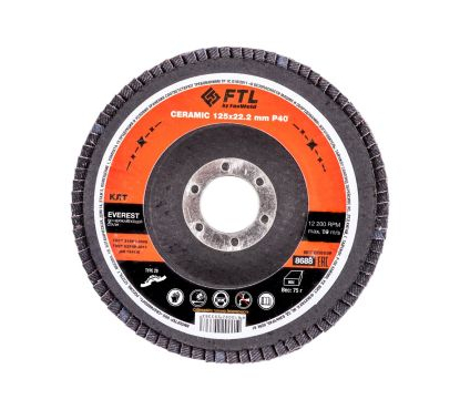 Круг лепестковый с керам.абразивом для шлифования по нерж.стали FTL Everest 29 125 х 22,2 мм P40