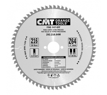 Пильный диск СМТ 216x30x2,8/1,8 -5° 15° ATB Z=64 для поперечного реза древесины, фанеры, МДФ, ламината